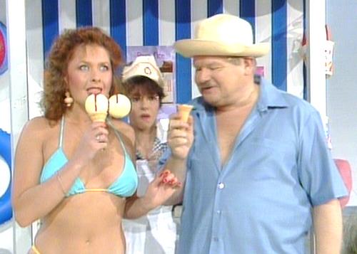 Lorraine Doyle enjoys two scoops of Benny's ice cream. Louise is the ice cream girl
